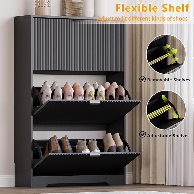 Entryway Shoe Cabinet with 3 Flip Drawers, Narrow Shoe Organizer Cabinet with - Image 3
