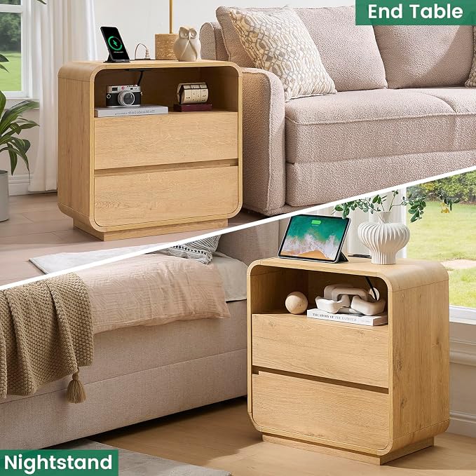 Modern Curved Night Stand, 2 Storage Drawers Side Table, Large End Table - Image 7
