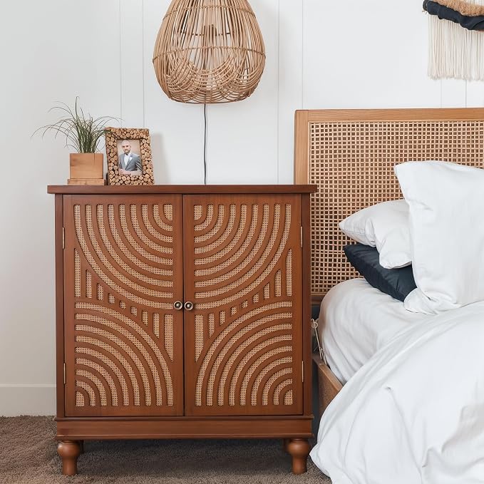 PHI VILLA Accent Cabinet with Door, Small Buffet Sideboard Cabinet with Rattan - Image 7