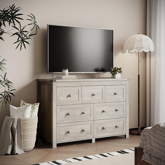 Dresser for Bedroom with 7 Drawers, Farmhouse Wood Chest of Drawers, Wide TV - Image 6