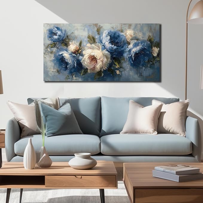 JuhaiArt Peony Floral Wall Art Bedroom Blue Wall Decor White Wall Picture - Image 5