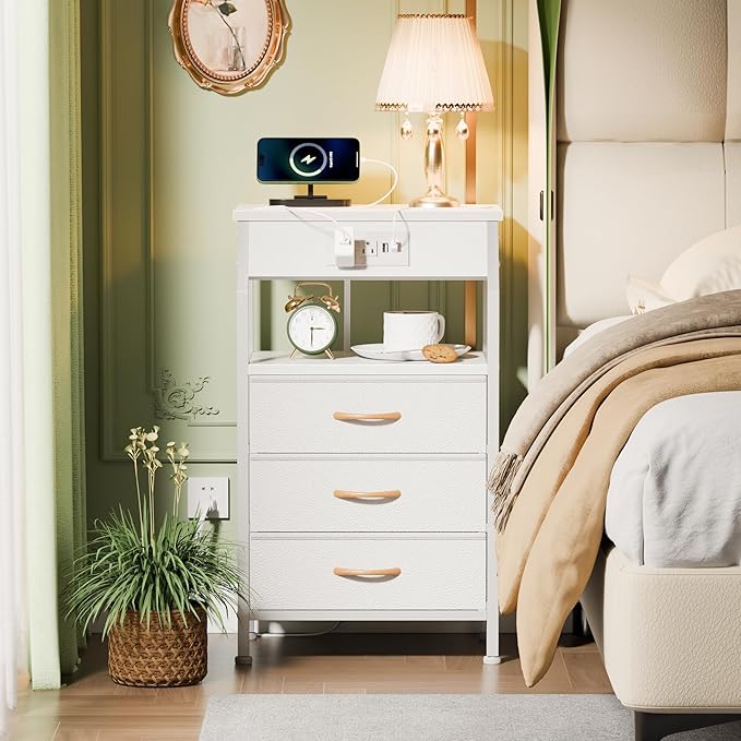Furnulem Night Stand with Charging Station, 28.3 Inch Tall Bedside Table with - Image 2