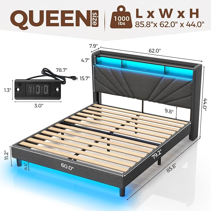 Rolanstar Queen Size Bed Frame, Storage Headboard - Image 2
