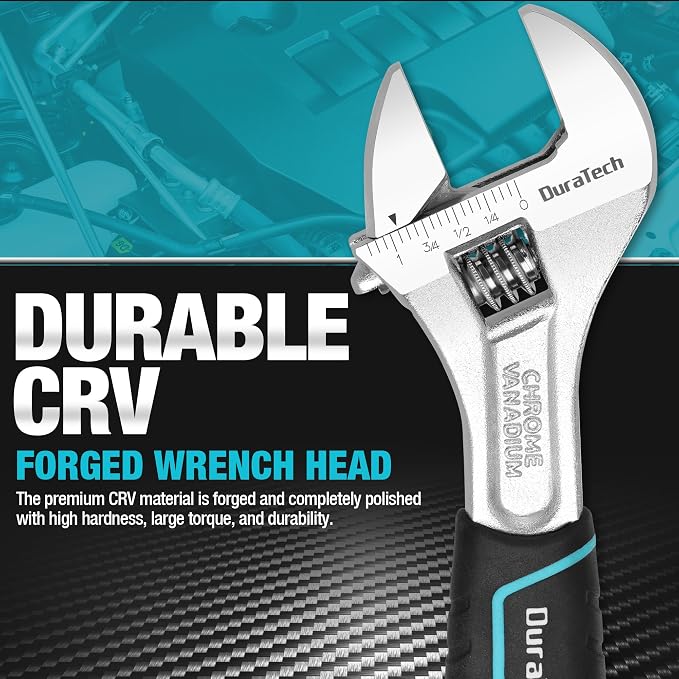 DURATECH 8-Inch Adjustable Wrench, Cr-V Steel Wrench, Wide Jaw Wrench, Metric & - Image 2
