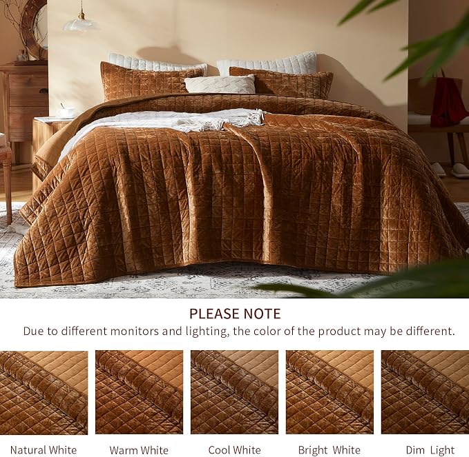 LEAONME Velvet Quilt Oversized California King-120''x120'', Lightweight Caramel - Image 4