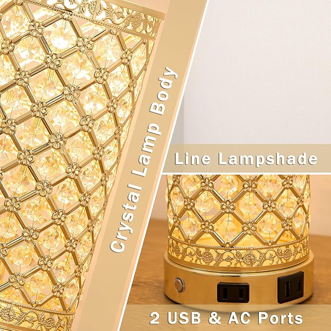 Crystal Table Lamp Set of 2-24in Gold Bedroom Lamps 3-Way Dimmable Touch Lamp - Image 6