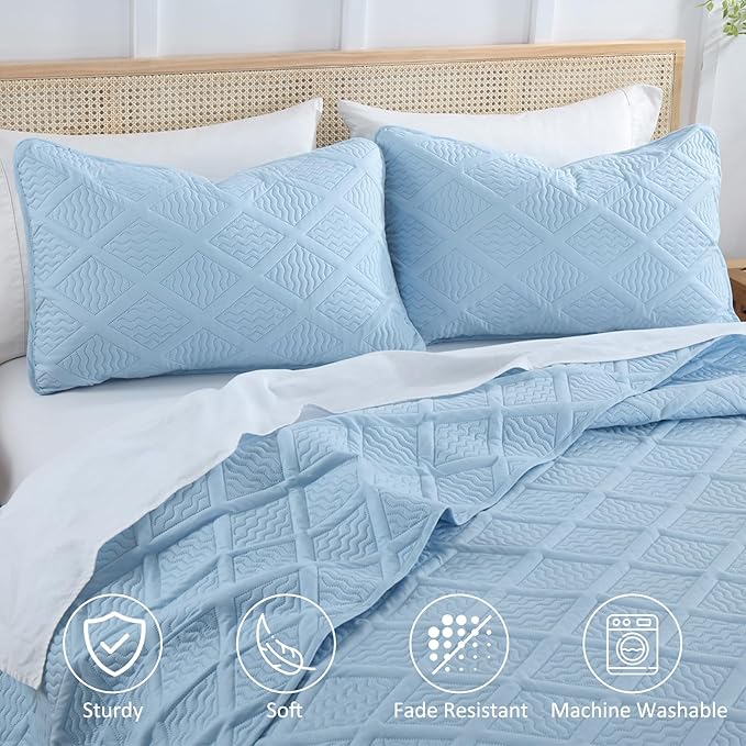 Yiran Ash Blue Quilt Set King Size, 3 Piece Reversible Bedspreads Bedding Set - Image 4