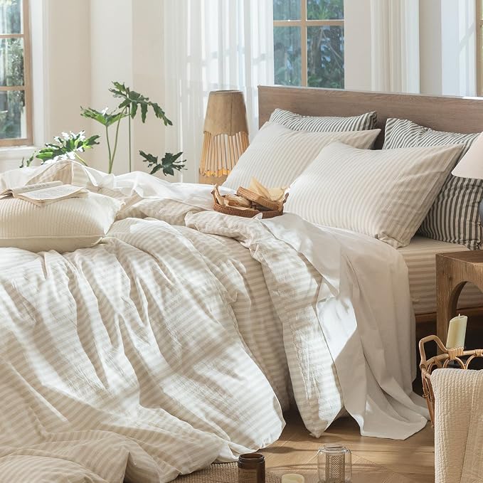 MooMee Striped Duvet Cover Set 100% Washed Cotton Linen Like Textured - Image 5