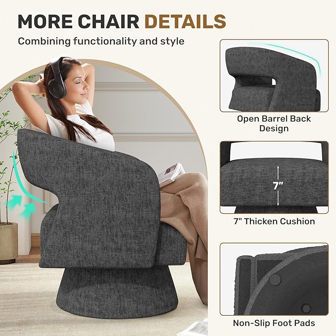 Swivel Accent Chair, Modern Comfy Chenille Barrel Chairs, Oversized Upholstered - Image 5