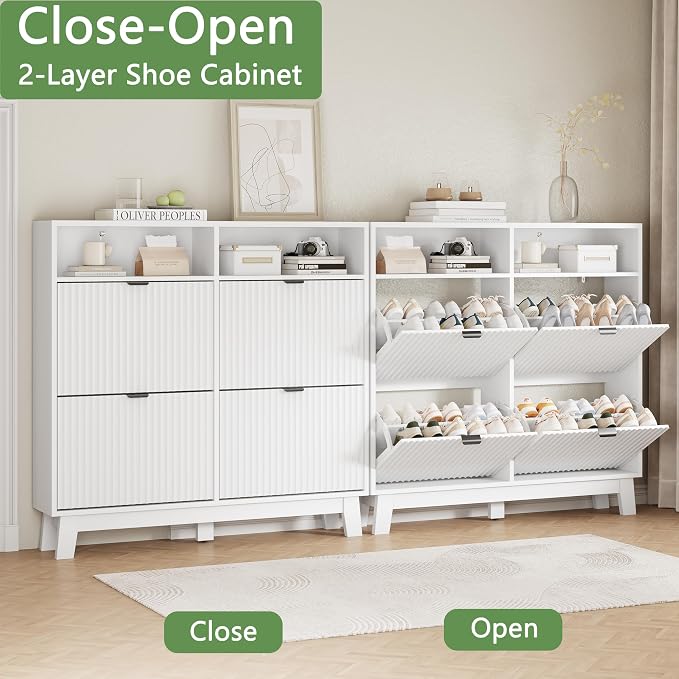 Shoe Cabinet with 4 Flip Drawers, Hidden Slim Wooden Shoe Rack Cabinet - Image 5
