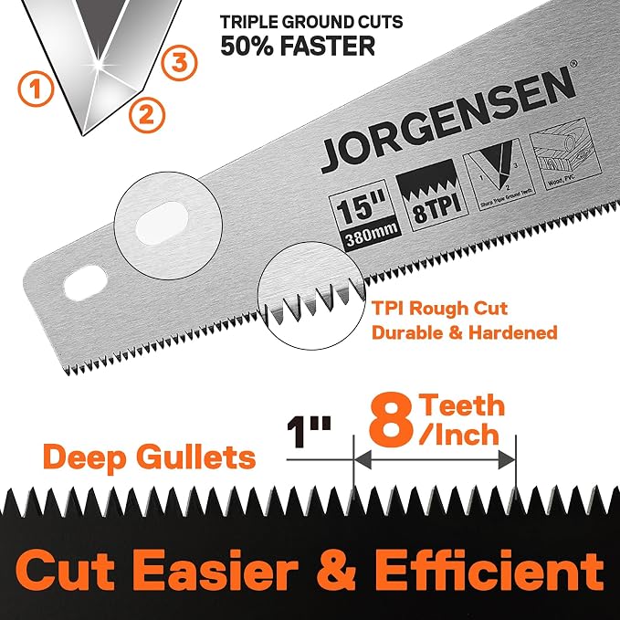 JORGENSEN 15 Inch Pro Hand Saw, 8 TPI Fine-Cut Ergonomic Non-Slip Aluminum - Image 3
