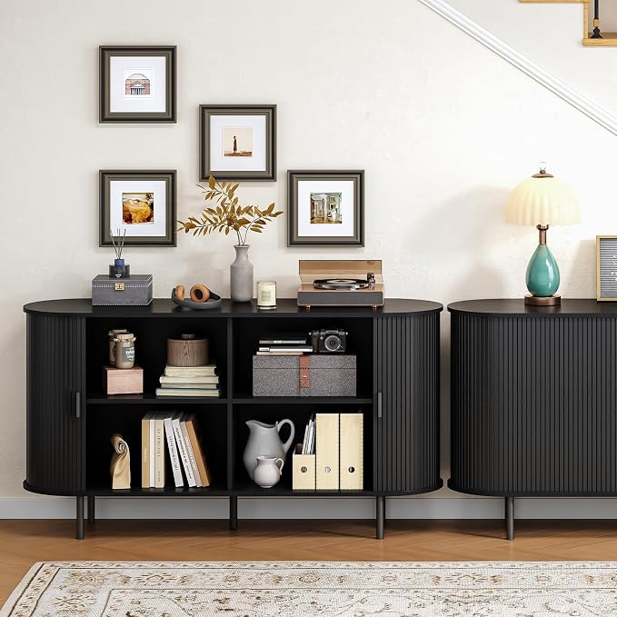 Buffet Cabinet with Storage, Fluted Sideboard Buffet with Sliding Door - Image 8