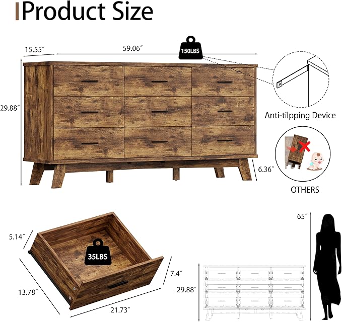 Dresser for Bedroom, 9 Drawer Wide Modern Chest of Drawers - Image 2