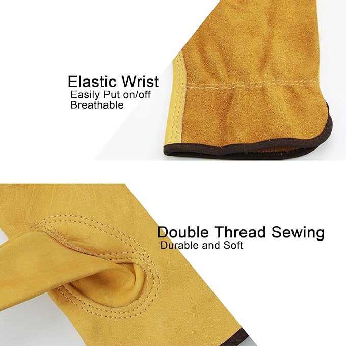 OZERO Leather Work Gloves Flex Grip Tough Cowhide Gardening Glove - Image 3