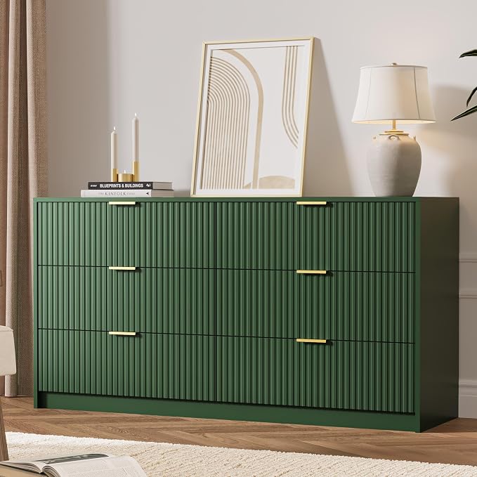 Green 6 Drawer Dresser for Bedroom, Fluted Wood TV Stand for Living Room - Image 7