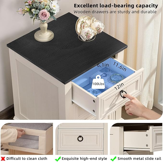 18" Farmhouse Night Stand with 3 Drawers, Wood End Table Dresser - Image 3