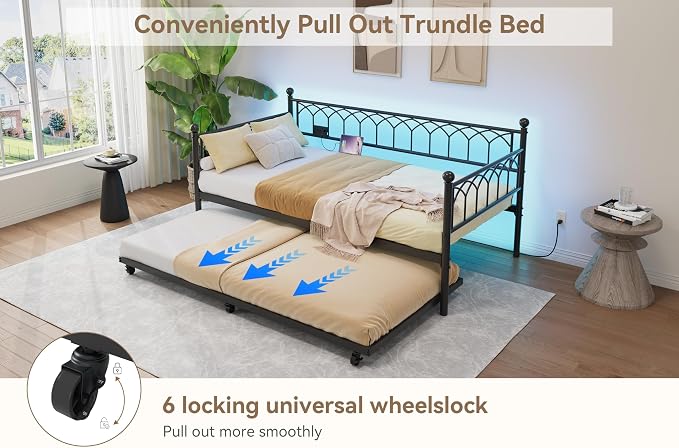 GarveeHome Daybed with Trundle, Metal Twin Trundle Bed with Charging Station & - Image 5