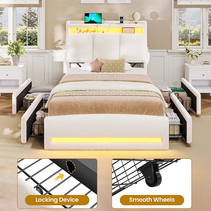 VIAGDO Twin Bed Frames with Storage Headboard and Charging Station, Boucle - Image 7