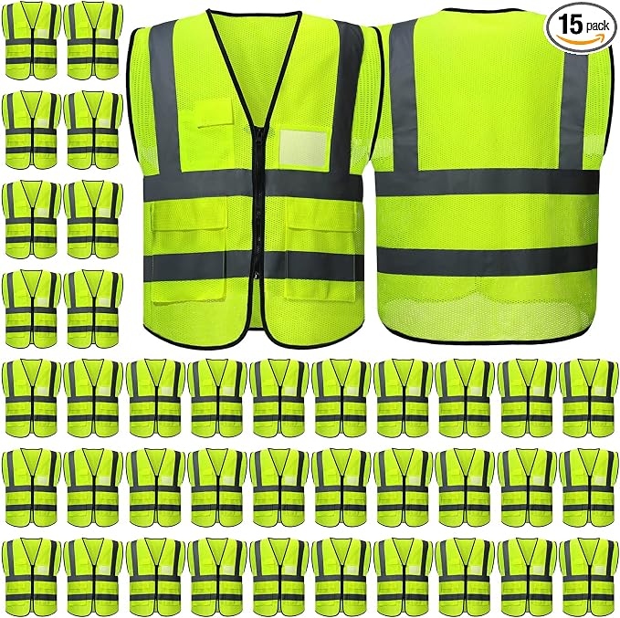 15 Pack Safety Vests Bulk Yellow Reflective High Visibility Vest by Newcotte