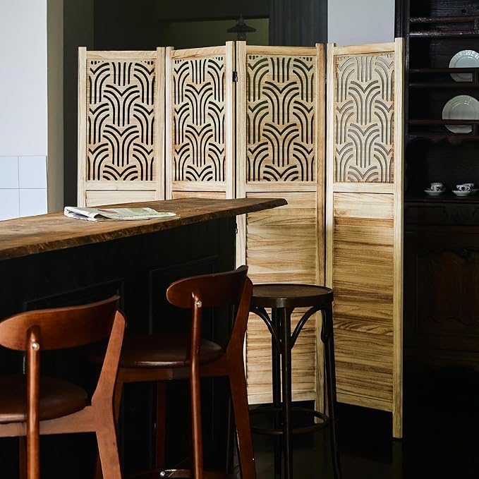Svimi Folding Room Divider, 66.9 Inch 4 Panels Wood Carved Privacy Screens - Image 4