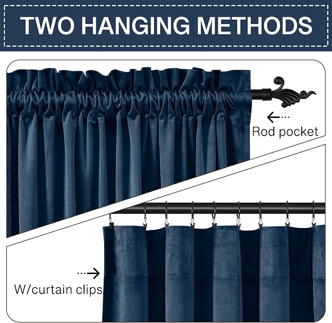 StangH Rod Pocket Velvet Curtains 90 inches Long Navy Blue Blackout Thermal - Image 3