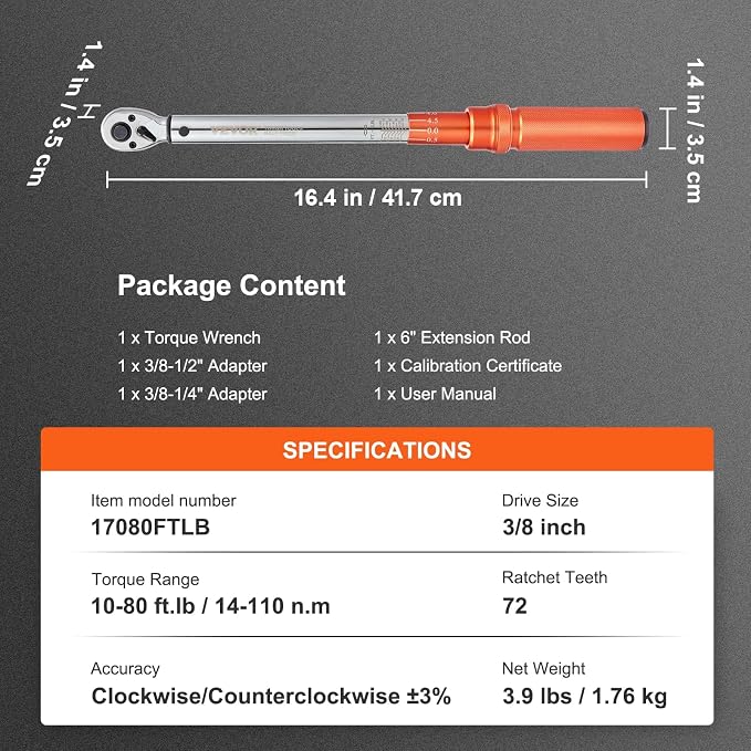 VEVOR Torque Wrench, 3/8-inch Drive Click Torque Wrench 10-80ft.lb/14-110n.m - Image 7