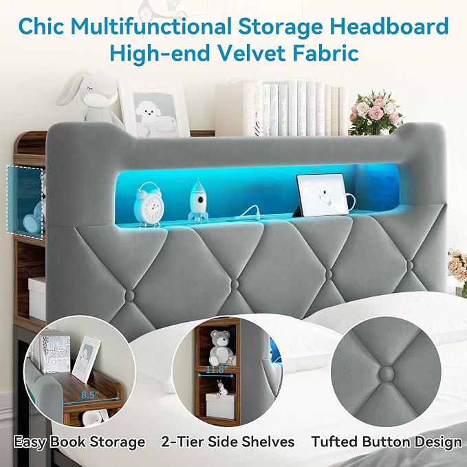 Queen Upholstered LED Bed Frame - Image 5