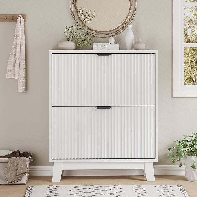 Shoe Cabinet with 2 Flip Drawers, Hidden Slim Wooden Shoe Rack Cabinet - Image 7