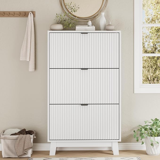 Shoe Cabinet with 3 Flip Drawers, Hidden Slim Wooden Shoe Rack Cabinet - Image 7