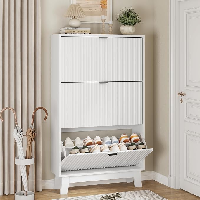 Shoe Cabinet with 3 Flip Drawers, Hidden Slim Wooden Shoe Rack Cabinet by Xixini