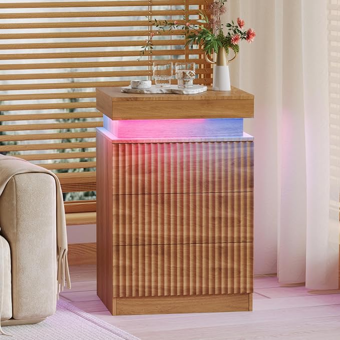 Walnut Nightstand with 3 Drawers and LED Light, Mid Century Modern Fluted Night - Image 8