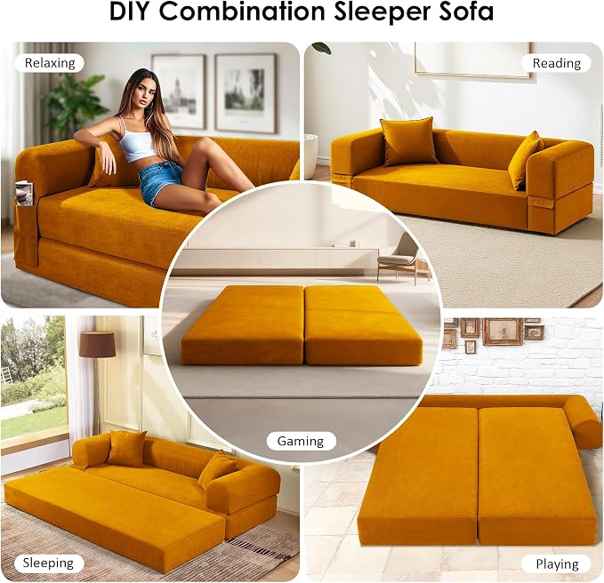 80" Convertible Sofa Bed, Corduroy Deep Seat Folding Pull Out Couch - Image 5
