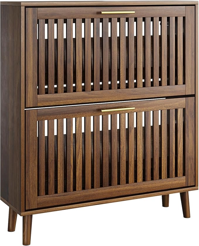 Vibe & Dine Shoe Cabinet with 2 Flip Drawers, Narrow Shoe Organizer with Gold - Image 7