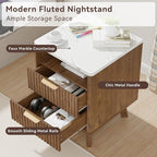 Fluted Nightstand with 2 Drawers, Open Storage Shelf, Curved Edge Bedside Table - Image 3