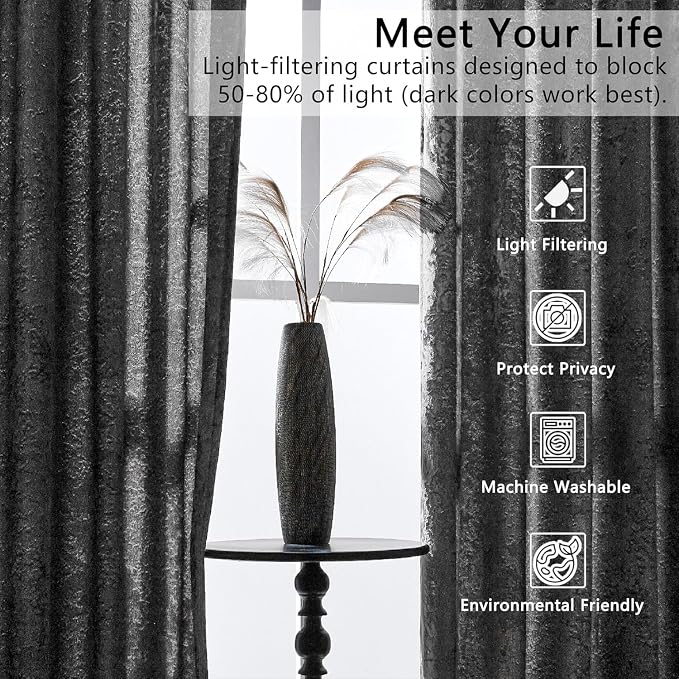 SMILETIME Grey Crushed Velvet Curtains 52x84 inch Luxurious Thermal Insulated - Image 4