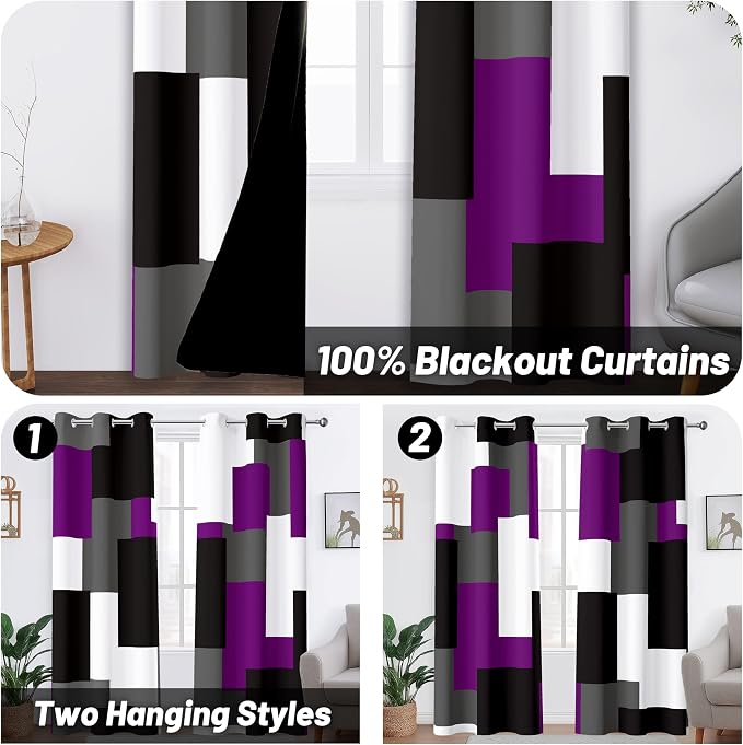 Purple 100% Blackout Curtains for Bedroom 84 inch Length 2 Panels Set Grey - Image 2
