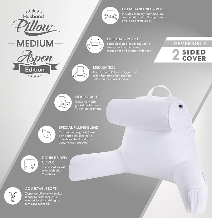 Husband Pillow Medium Aspen Edition White Dandelion, Sit Up Reading & Bed Rest - Image 3