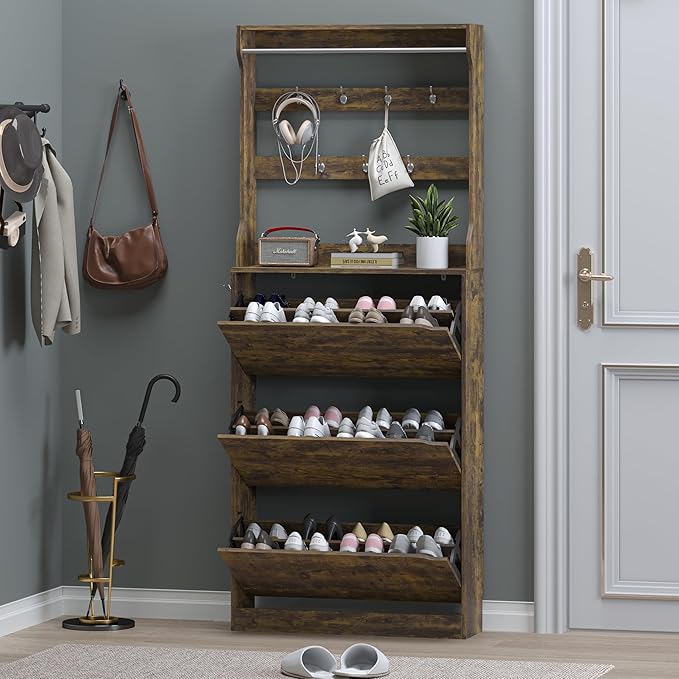 Shoe Cabinet with 3 Flip Drawers & Coat Rack, Narrow Hidden Shoe Storage Cabinet - Image 7