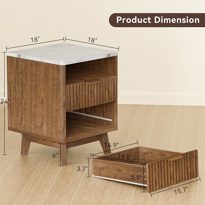 Fluted Nightstand with 2 Drawers, Open Storage Shelf, Curved Edge Bedside Table - Image 2