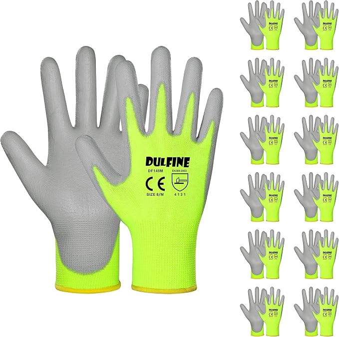 DULFINE Safety Work Gloves for Men PU Coated 12 Pairs Bulk Pack, Hi-Vis Yellow by DULFINE