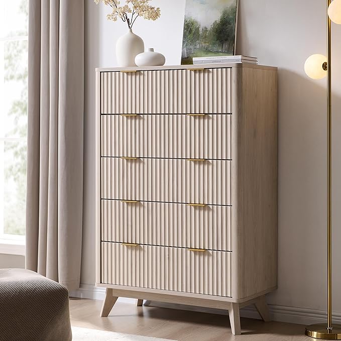 T4TREAM Fluted 5 Drawers Dresser, Curved Profile Design, Wood Drawer Organizer by T4TREAMFurniture