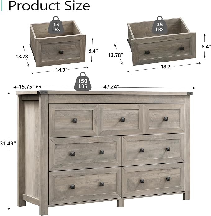 Dresser for Bedroom with 7 Drawers, Farmhouse Wood Chest of Drawers, Wide TV - Image 3