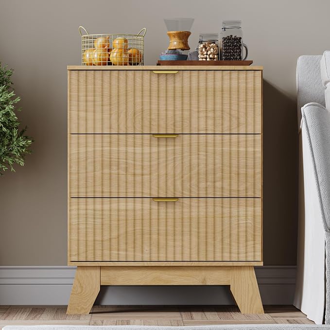 Fluted 3 Drawer Dresser, 30.3" Tall Compact Modern Boho Chest of Drawers - Image 3