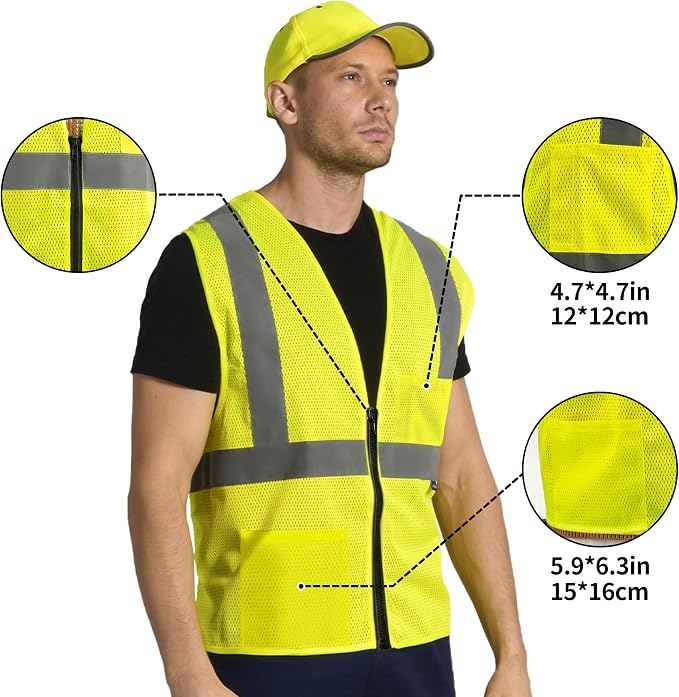 AYKRM 2 Pockets Reflective Safety Vest High Visibility Class II Mesh Vest - Image 2