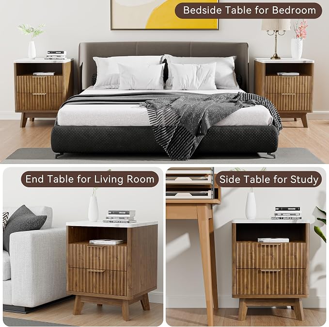 Fluted Nightstand with 2 Drawers, Open Storage Shelf, Curved Edge Bedside Table - Image 6