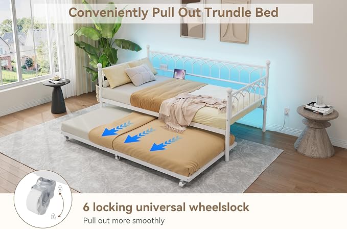 GarveeHome Daybed with Trundle, Metal Twin Trundle Bed with Charging Station & - Image 5