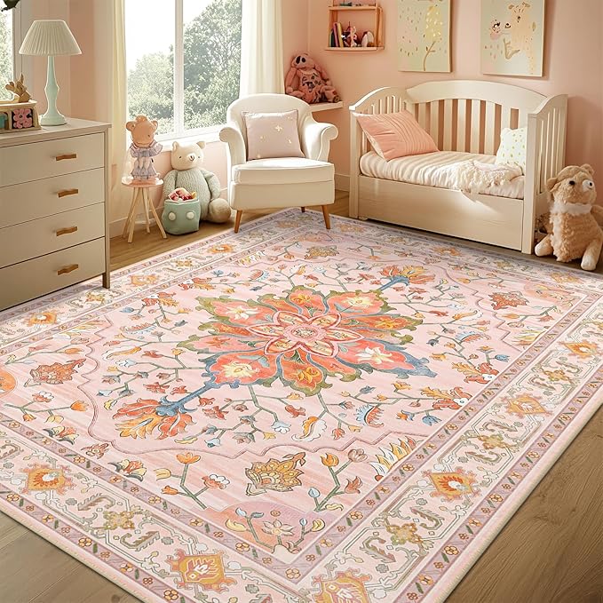 Area Rugs 6'x9' Washable Non-Slip, Floral Vintage Distress Print Pattern - Image 2