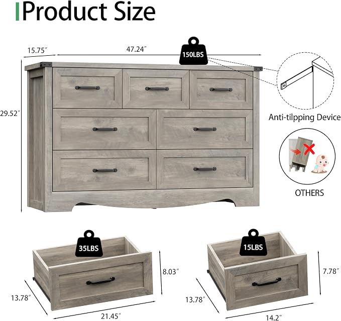 Dresser for Bedroom with 7 Drawers, Wood Dresser TV Stand, Wooden Closet - Image 2