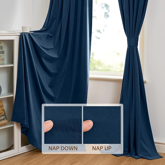 StangH Rod Pocket Velvet Curtains 90 inches Long Navy Blue Blackout Thermal - Image 4