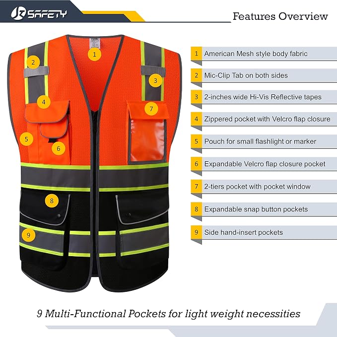 JKSafety 9 Pockets Hi-Vis Fluorescent Color Mesh Reflective Safety Vest - Image 4